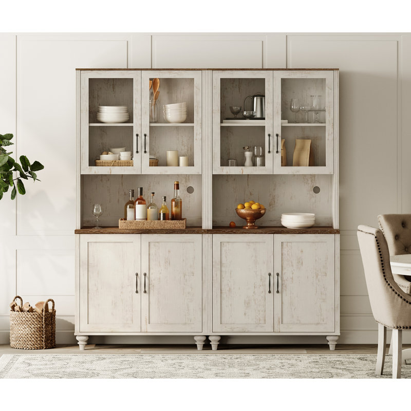 Buffet Corretta avec portes vitrées et meuble bar, meuble de rangement en bois, blanc rustique, 173 cm (68 po), Rustic White