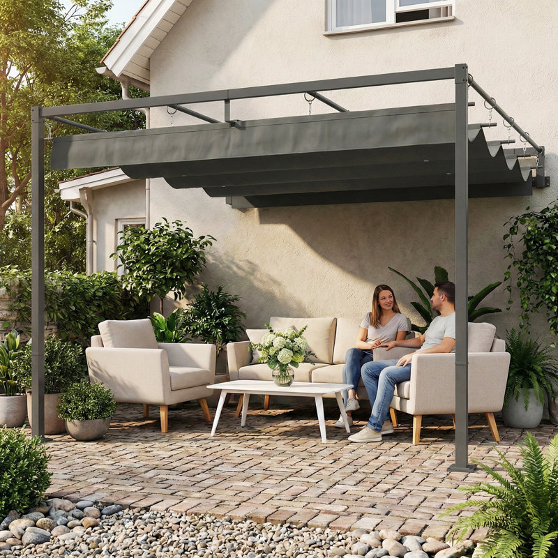 10'x10' Retractable Pergola Canopy Wall-Mounted Pergola, Dark Grey