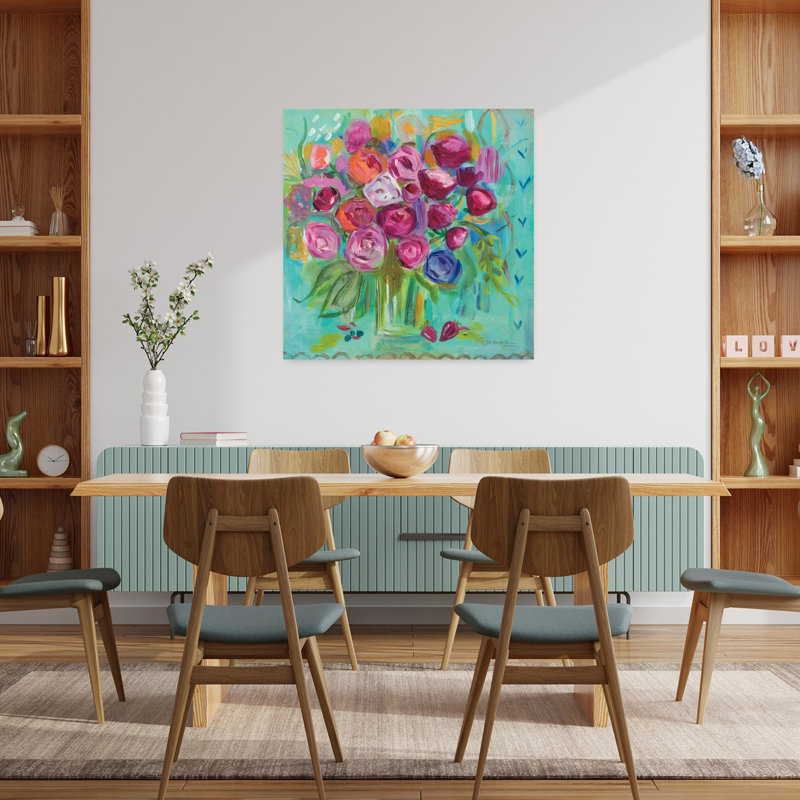 Pivoines roses contemporaines avec art floral bleu, H 36 po x l 36 po