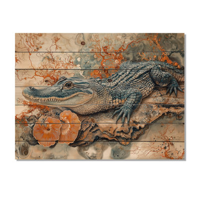 Alligator And Marble Reflections II - Crocodile Animal Wood Wall Decor - On Natural Pine Wood