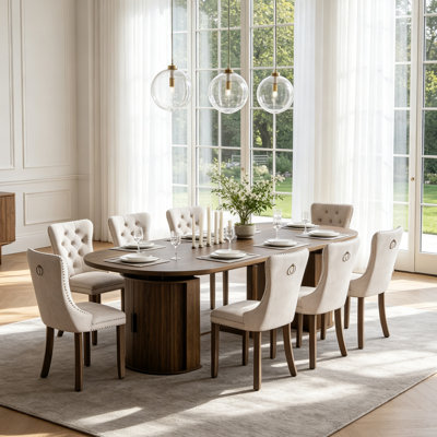 47" to 118" Extendable Dining Table Set with Storage Base, Oval Extendable Tabletop, Safe Corner, 6-10 Seats, Velvet Upholstered Chairs, Modern Rectangular Wooden Kitchen Table Set for Dining Room