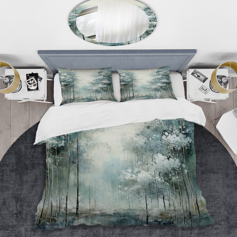 Pine Tree Enchanted Forest I - Tree Pine Duvet Cover Set, Queen Duvet Cover + 2 Standard Shams