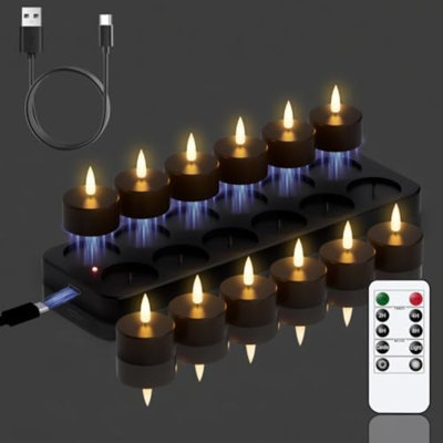 12 Rechargeable Tea Lights Candles With Charging Base And Remote Timer, Flameless LED Tealight Candles Battery Operated Halloween Fall Wedding Table Centerpieces (Black, 1.57” X 1.85”)