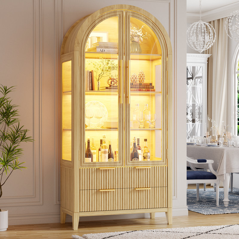 Freestanding Arch Display Cabinet with RGB Lights and Motion Sensor, Large Capacity Tempered Glass Doors Office Storage Cabinets