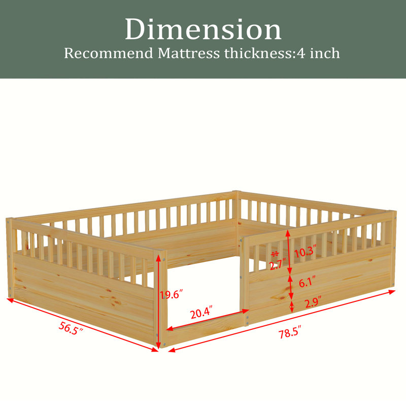 Structure de lit au sol avec clôture, structure en bois pour enfants pour la salle de jeux, Lit double, Naturel