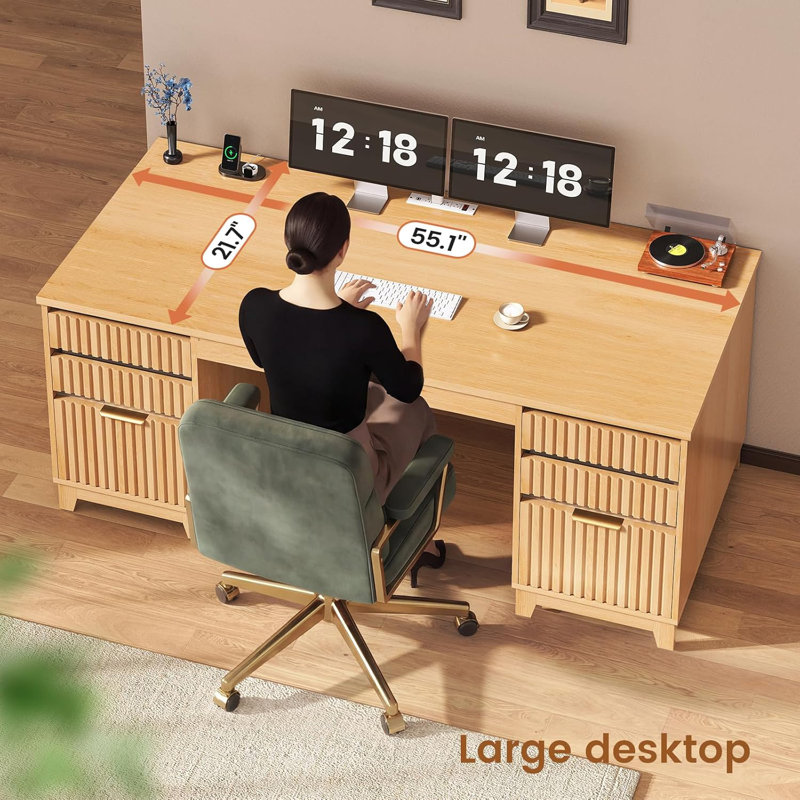 Bureau en L avec prises Rachmiel, Chêne 