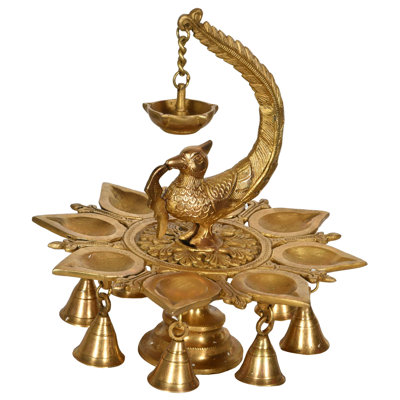 Titre 10 po Lampe de mèche en forme de paon en laiton avec clochettes fabriquée à la main Indian Diya