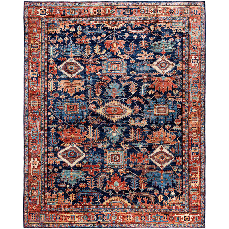 Tapis noué à la main unique en son genre Raffin - bleu, 8 pi 2 po x 10 pi 2 po