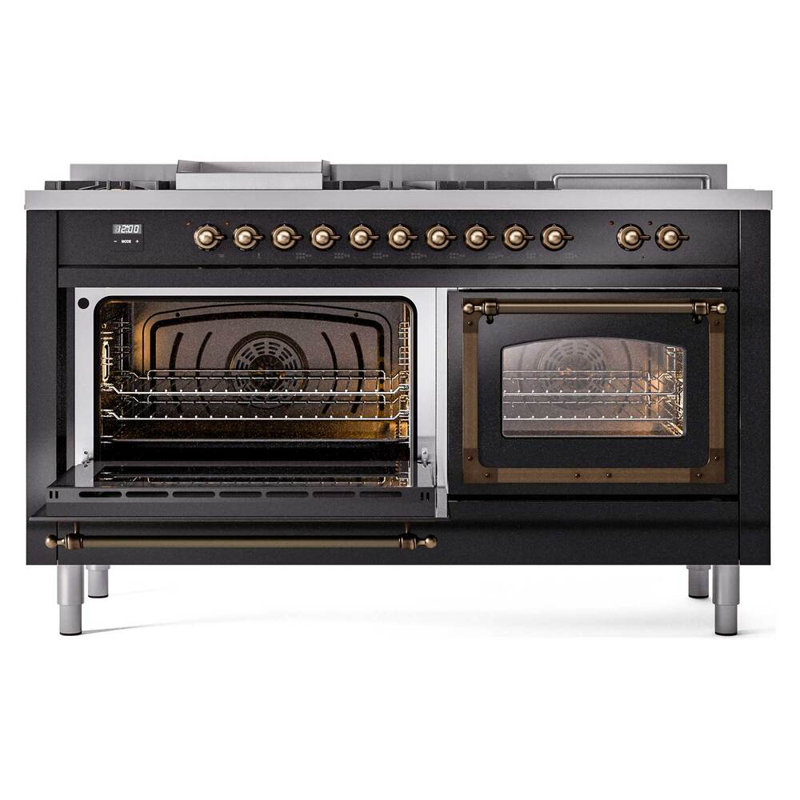 ILVE Nostalgie II Noblesse 60 in Dual Fuel Range 7 Burner, Griddle, Frenchtop, Glossy Black/Burnished, Natural Gas