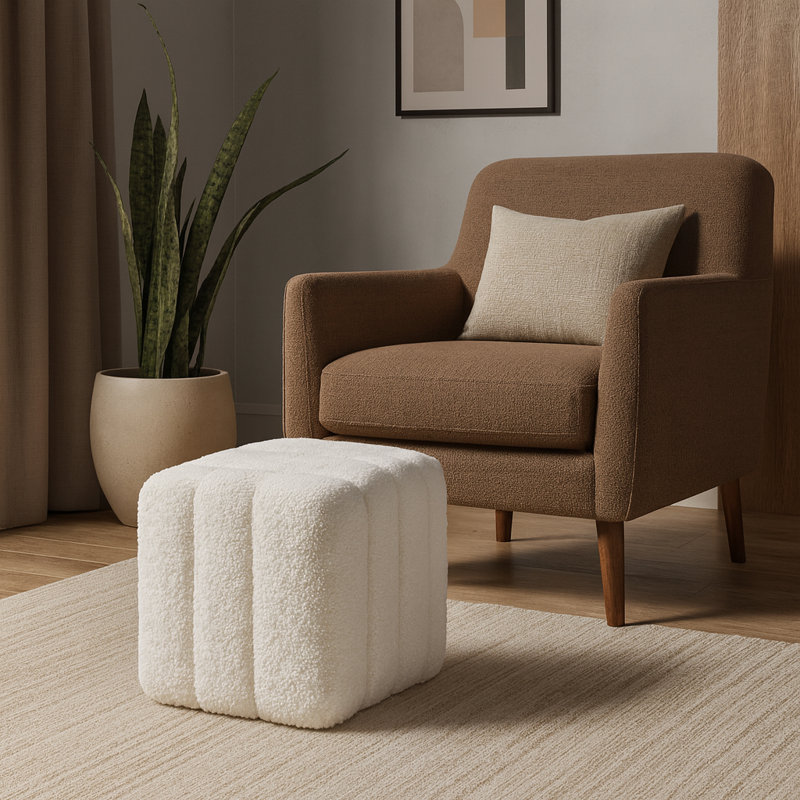 Decorative Ridged Square Ottoman For House Decor - Luxury Upholstered Pouf Footstool For Living Room Decor, Office Accent, Or Any Room - 16", White
