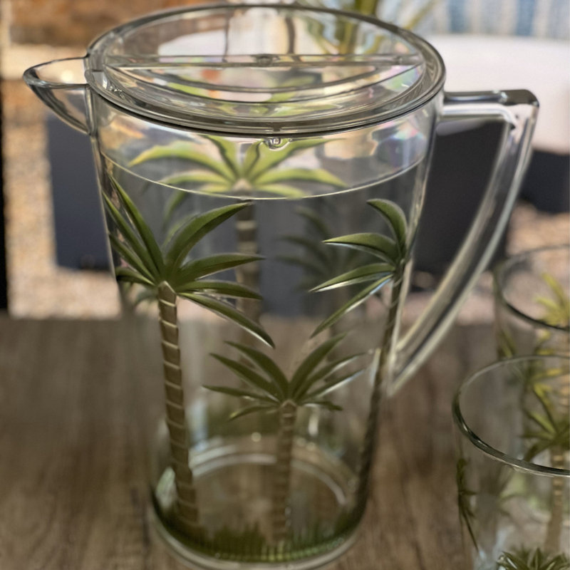 Pichet à eau en plastique incassable 2,75 pintes avec couvercle et bec - sans Bpa, conception de palmier transparent pour les fêtes tropicales, jus, limonade