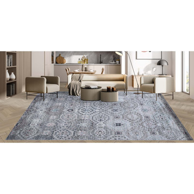 Tapis rectangulaire gris / noir / bleu en viscose noué à la main Southwestern
