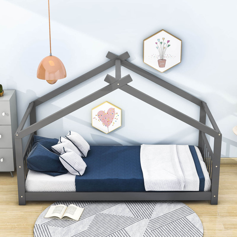Esenler Wooden House Platform Bed with Headboard, Gray, Twin