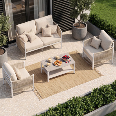 Ensemble de conversation bohème 4 pièces en aluminium pour patio extérieur avec coussin de 15 cm, causeuse, 2 fauteuils et table basse