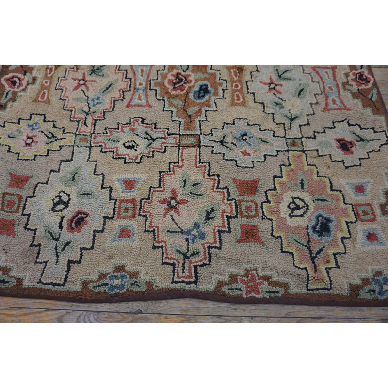 Antique American Hooked Small Scatter Size Wool Ivory Rug