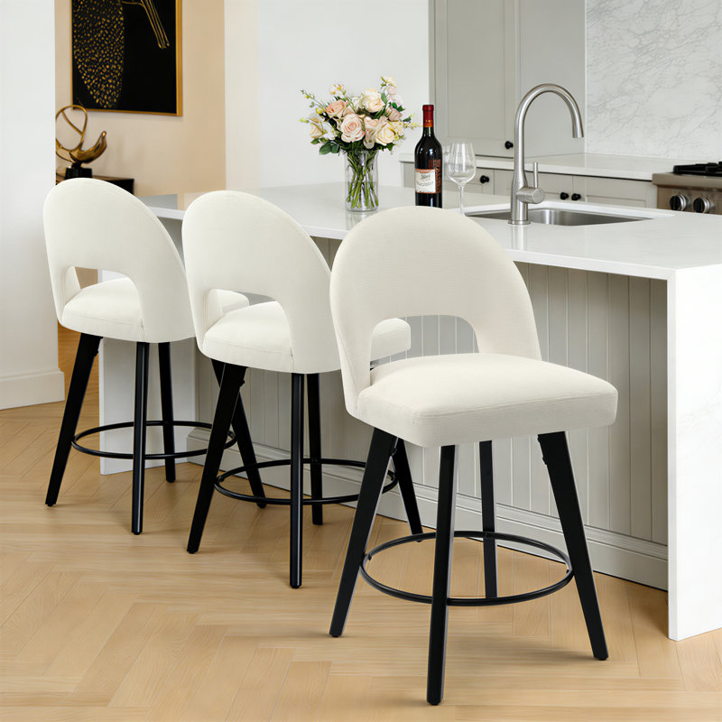 26" Upholstered Swivel Counter & Bar Stool with Solid Wood Frame, White, 3