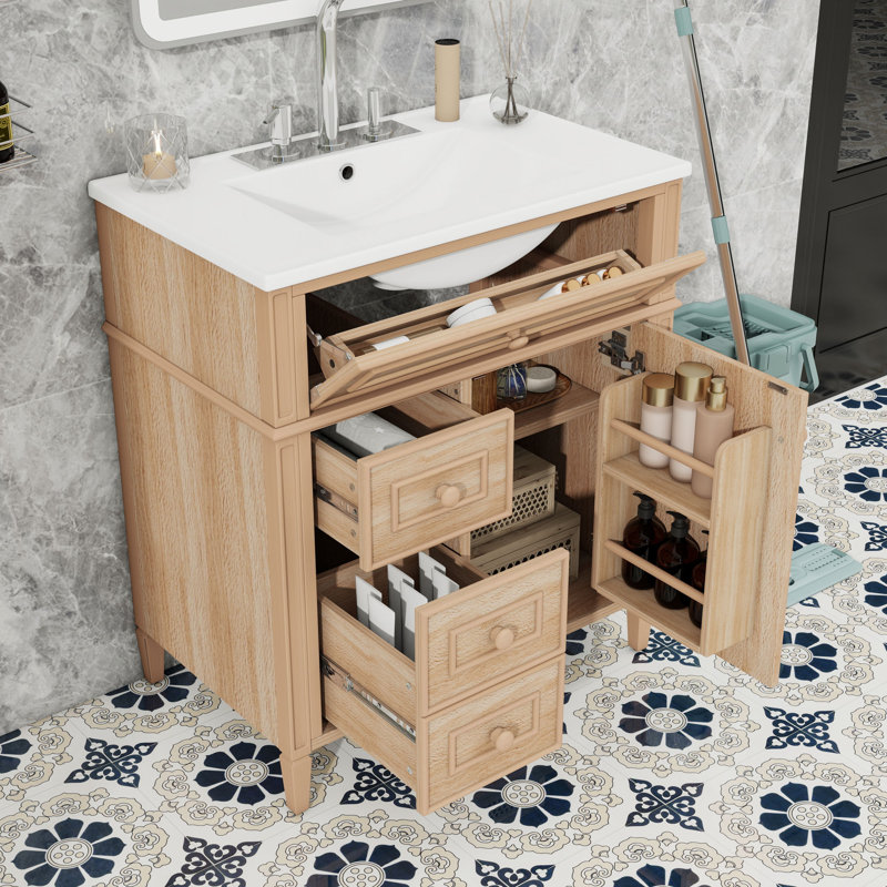 Meuble-lavabo élégant avec lavabo en céramique, charnières à fermeture en douceur, tiroir inclinable et rangement spacieux