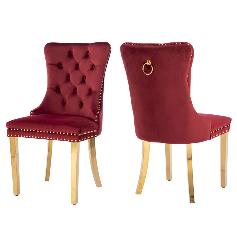 Chaises de salle à manger capitonnées en velours à oreilles, Vin bordeaux, Miroir doré