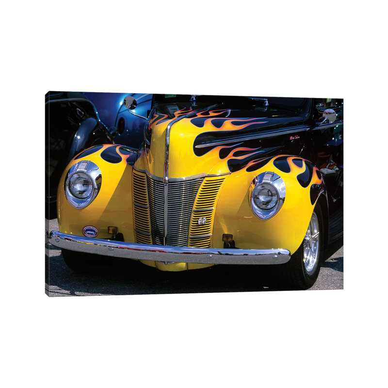 1939-1940 Ford Flame Job Painted Hot Rod Automobile Hood Headlights Grill Front Bumper - Wrapped Canvas Print