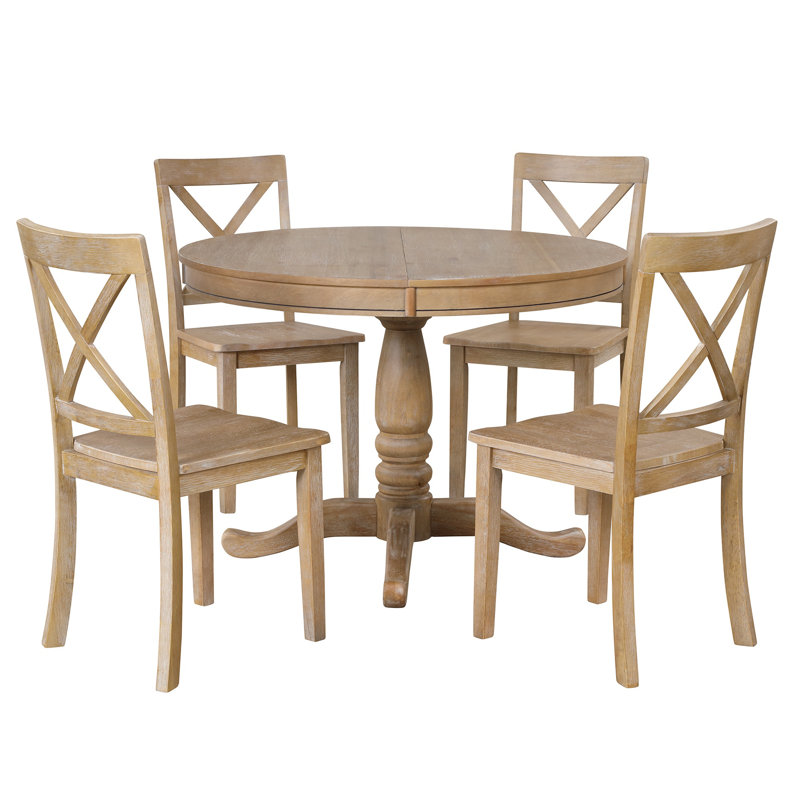 Kawliga 5-Piece Dining Table Set, Two-Size Round To Oval Extendable Wood Dining Table and 4 Upholstered Dining Chairs