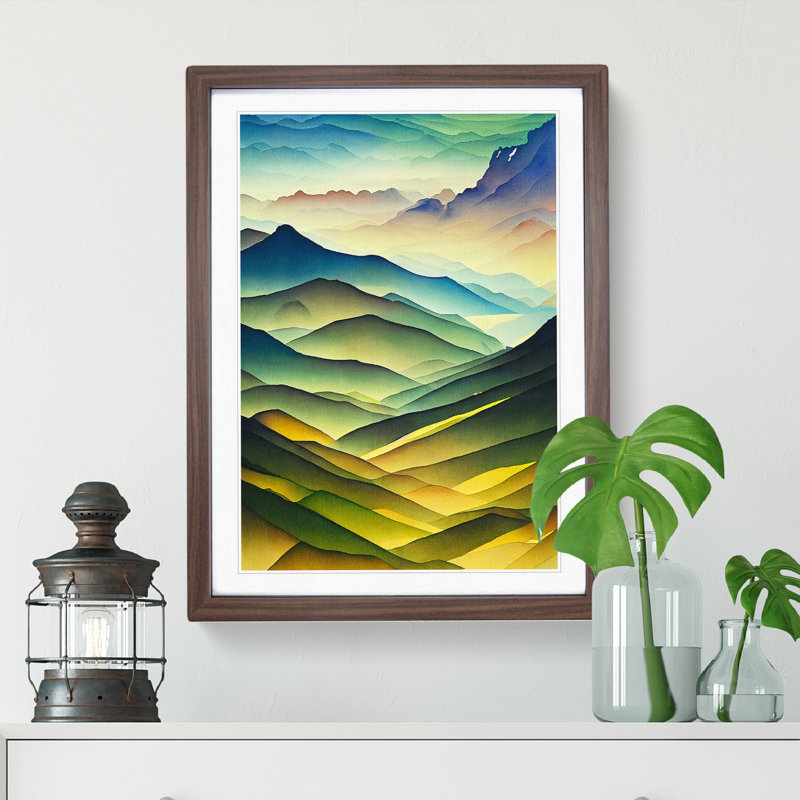 Watercolour Meadow Landscape No.2 - Wall Art, 64cm H x 46cm W, Walnut Frame, White