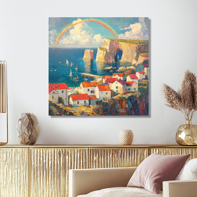 «Coastal Rainbow Over The Fishing Village IV», reproduction d'art traditionnelle en métal, décoration murale arc-en-ciel en métal