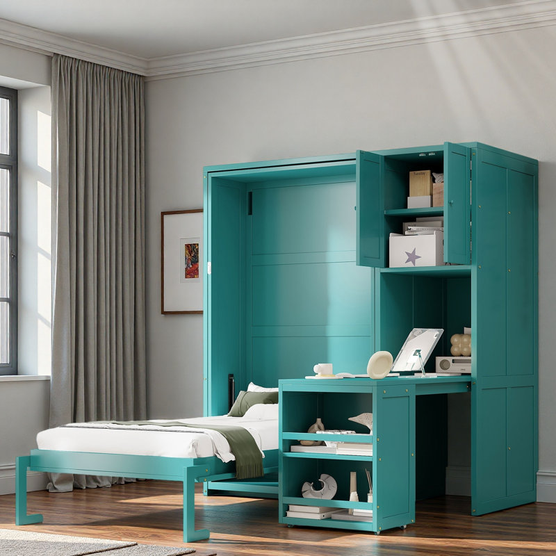 Lit escamotable simple avec bureau roulant, armoire de rangement et bibliothèque, Sarcelle