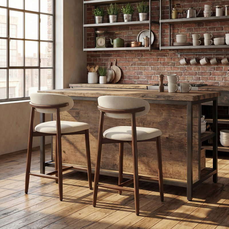 Solon Upholstered Counter Stool with Solid Wood Frame, Beige