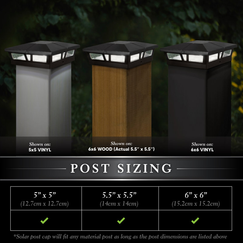 Cambridge Solar Powered Integrated LED Metal Fence Post Cap 6" x 6" with Base Adapter Included, Powder Coated Black