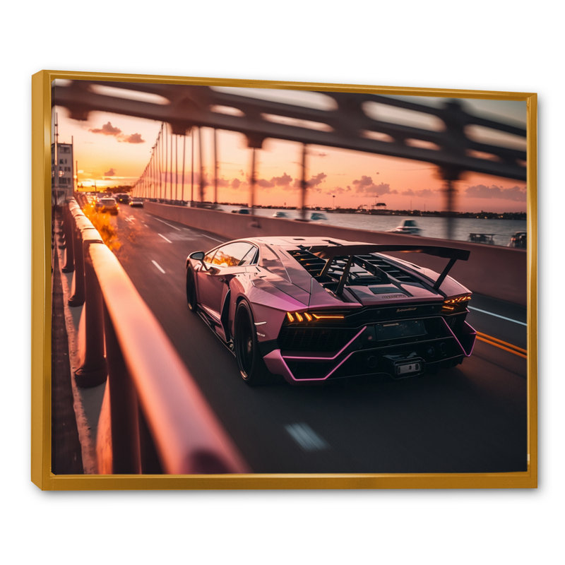 «Fast Car On The Higway - Cars Race Exotic», reproduction sur toile encadrée, H 24 po x l 32 po, Cadre flottant doré