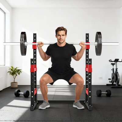 Adjustable Squat Rack, 660lbs Heavy Duty Bench Press Rack With Weight Plate Holders For Weight Lifting And Home Gym Strength Training, Red