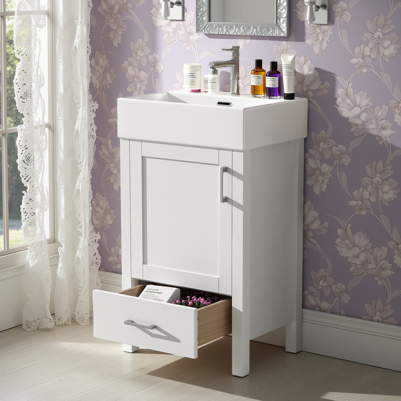 Meuble-lavabo de 20 po avec lavabo en céramique et rangement à fermeture en douceur, Blanc
