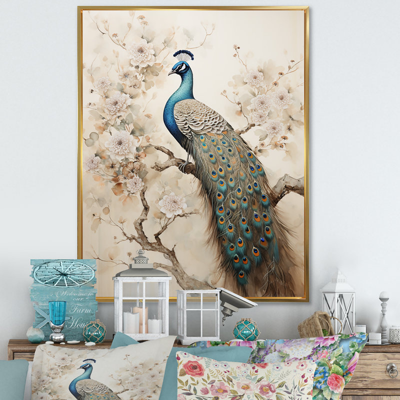 «Vintage Fantasy Peacock In Enchanted Flowers II», reproduction sur toile, Cadre flottant doré, H 32 po x l 24 po x P 1 po