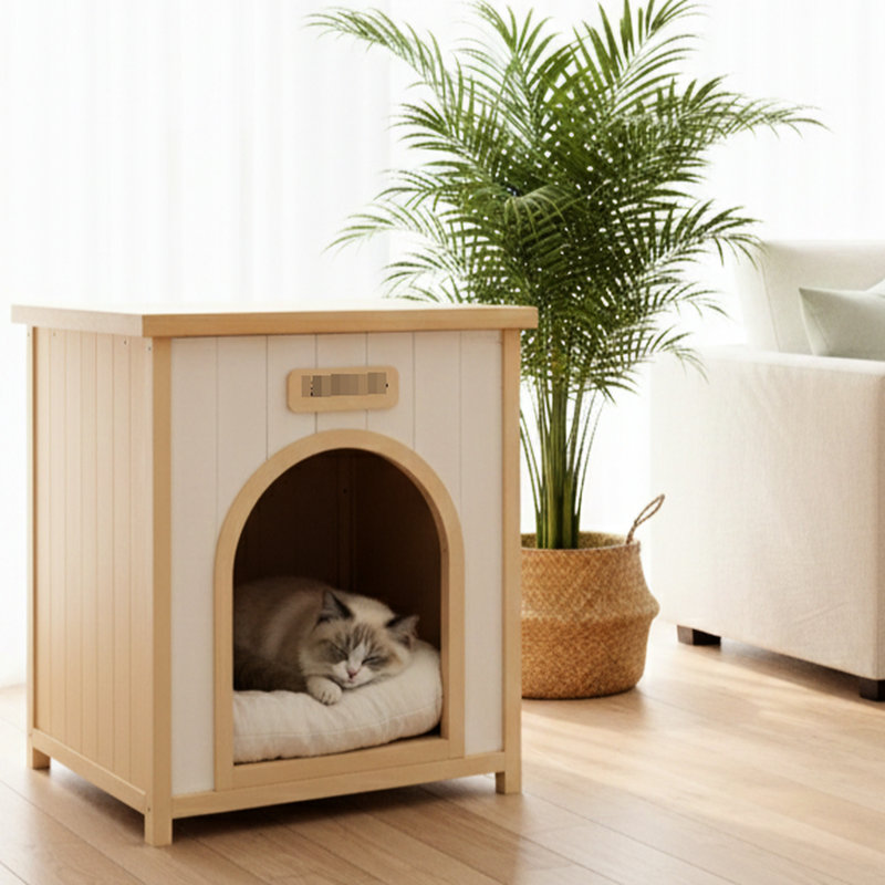 Maison solide pour petits chats, fonctionnant comme table d'appoint, jaune, design américain