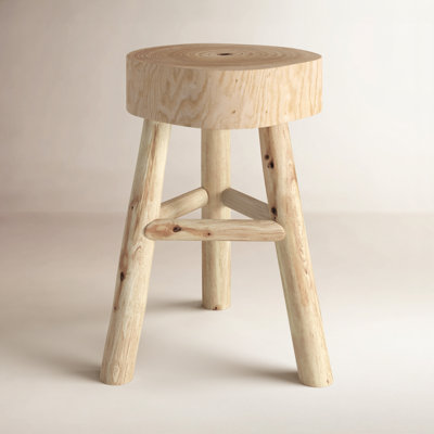 16"H Wooden Stool with Live-Edge Round Top and Triangle Footrest Base, Natural Finish