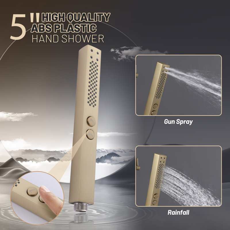 10" Brass Shower Faucet Set Complete, 3 Functions Exposed Shower System, Rain Shower Head with 2 Modes Hand Shower and Tub Filler with Rough-in Valve