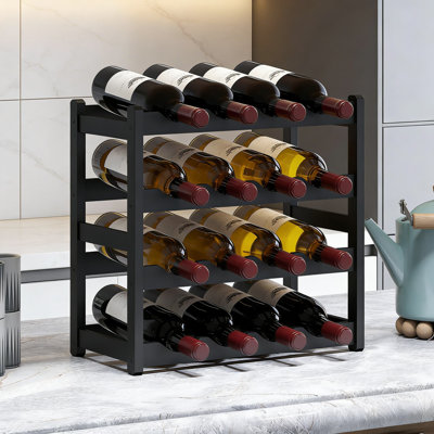 Bamboo Wine Rack Storage Cabinet Shelf, 4 Tier Countertop Wine Holder, Sturdy 16 Bottle Capacity For Kitchen, Dining Room, Pantry Or Bar