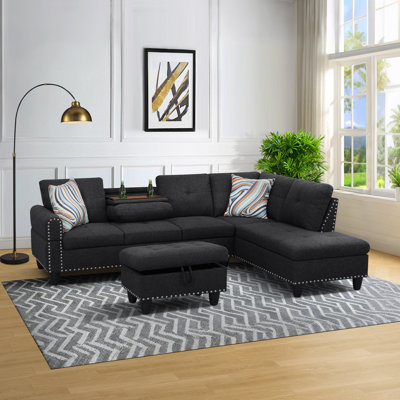 Black Grey Linen 3-Piece Sofa Set - Modern Living Room Furniture, Comfortable Seating