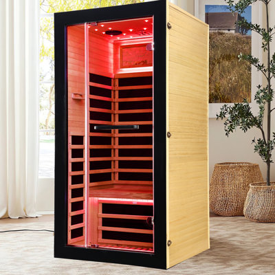 35.4" W x 35.4" D x 70.9" H Wood Single Person Far Infrared Sauna Room with 7 Heating Plates, LED Lights, Bluetooth Speakers, 1350W