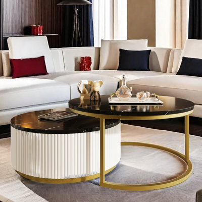 Table basse ronde emboîtable avec motif cannelé et tiroirs