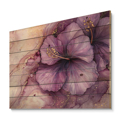 Mauve et doré, écho d'hibiscus II - Art mural traditionnel en bois sur bois de pin naturel