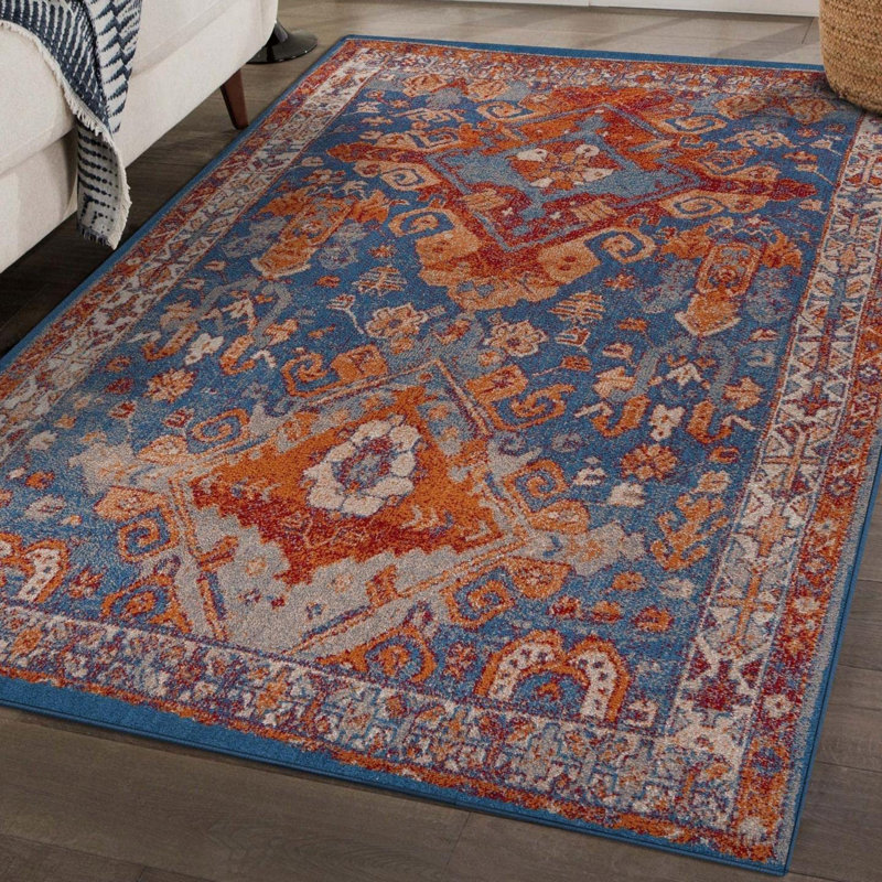 Tapis marocain à motif floral bleu Collection Luxe Weavers Incas 186, Rectangle 7 pi 6 po x 10 pi 0 po