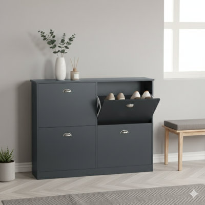 Armoire de rangement discrète et mince avec quatre tiroirs pour les entrées, les vestibules, les couloirs et les chambres à coucher, dans une finition grise