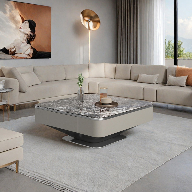 Table basse Italian, Gris foncé, Noir / blanc, H 15,4 po x L 35,4 po x l 35,4 po