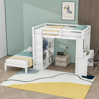 Wood Bunk Bed With Built-In Desk And Shelves