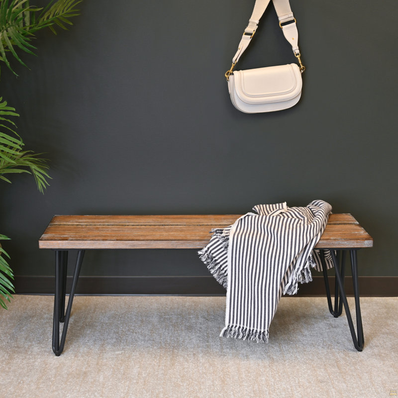 Aryven Industrial Wood Dining Bench, Rustic Dark Pine Finish