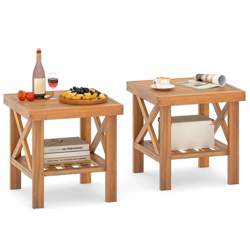  2PCS Outdoor Side Table Acacia Wood Adirondack Table w/ Storage Shelf Natural, 2