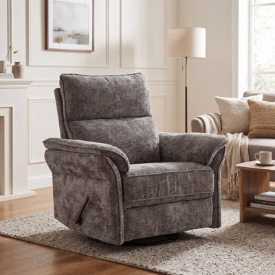 Oversized Recliner Chair, 26" Extra Wide 360° Swivel Rocker Recliner with Adjustable Headrest, Chenille Glider Rocking Nursery Chair with Overstuffed Armrest, Lumbar Support，Dark Grey