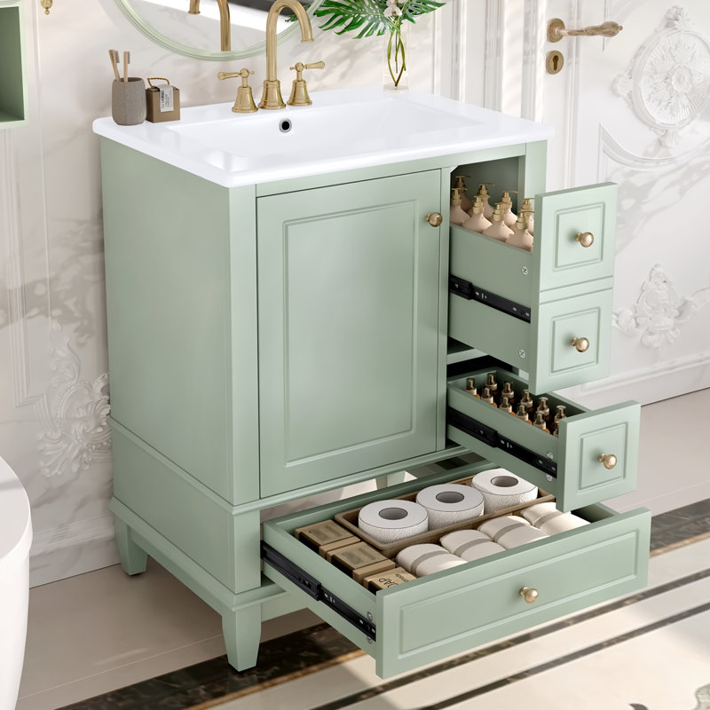 24" Green Freestanding Bathroom Vanity With Sink And Drawers, Modern MDF And Solid Wood Base Cabinet For Small Bathrooms