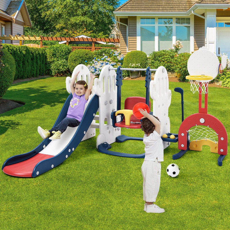7-in-1 Toddler Slide & Swing Set with Adjustable Swing, Basketball Hoop & Golf Game, Blue/White/Red